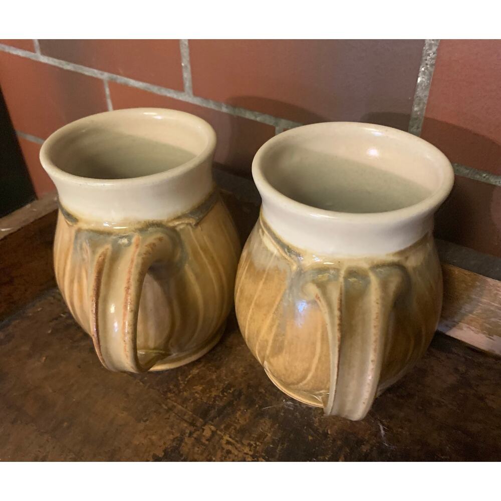 Pair Pewabic Pottery Detroit Mugs 2011 Birch Glaze Coffee Cups Handcrafted - Picture 3 of 7